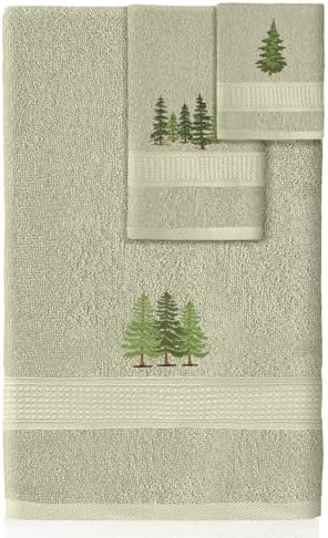 3 Pcs Rustic Pine Trees Bathroom Towel Set Farmhouse Embroidered Pine Trees Towels Vintage Decorative 100% Cotton Bath Towel Highly Absorbent Elegant Summer Decor Set for Bathroom