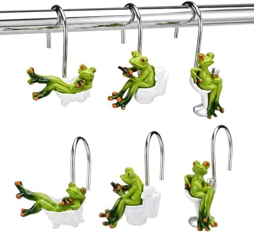 Roowest 12 Pcs Frog Shower Curtain Rings, Green Cute Stainless Steel