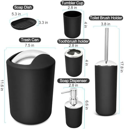 Compact 6-Piece Black Plastic Bathroom Accessories Set with Small Trash Can, Soap Dispenser, Toothbrush Holder, Cup, Soap Dish, Toilet Brush for Guest Bathroom Dorm Apartment