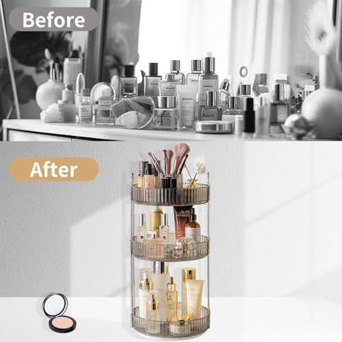Asayuee 360 Rotating Makeup Organizer,3 Tier Large Capacity Make Up Organizers and Storage,Skincare Perfume Vanity Organizers,Bathroom Cosmetics Storage Organizer Countertop(Grey)