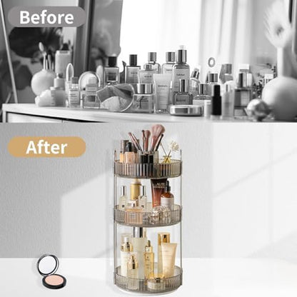 Asayuee 360 Rotating Makeup Organizer,3 Tier Large Capacity Make Up Organizers and Storage,Skincare Perfume Vanity Organizers,Bathroom Cosmetics Storage Organizer Countertop(Grey)