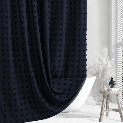 Siiluminisoy Extra Long Boho Shower Curtain Woven Fabric Navy Blue Shower Curtain, 72 x 78 Tufted Pleat Floral Puffs Textured Modern Minimalist Shower Curtain Set with Hooks for Bathroom