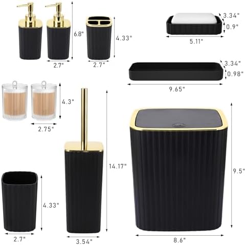 XLHOMO Bathroom Accessories Set - Gorgeous Black Bathroom Set, 10PC Bathroom Accessory Set, Toilet Brush, Trash Can, Qtip Holder & Soap Dispenser
