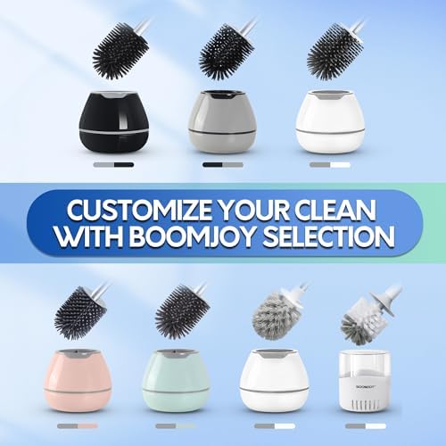 BOOMJOY Toilet Brush and Holder Set, Silicone Toilet Bowl Cleaner Brush, Bathroom Cleaning Bowl Kit with Tweezers, Bathroom Accessories with Aluminum Handle - White