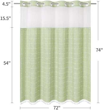 MitoVilla No Hooks Required Farmhouse Shower Curtain with Snap-in Liner - with Window & Magnets, Boho Cotton Linen Fabric Shower Curtains with Tassels for Rustic Bathroom Decor, Sage Green, 72 x 74