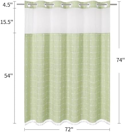 MitoVilla No Hooks Required Farmhouse Shower Curtain with Snap-in Liner - with Window & Magnets, Boho Cotton Linen Fabric Shower Curtains with Tassels for Rustic Bathroom Decor, Sage Green, 72 x 74