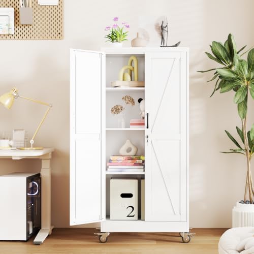 61" Metal Garage Storage Locker Cabinet with Wheels,Rolling White Farmhouse Kitchen Pantry Cabinet with 2 Doors and 3 Adjustable Shelves, Steel File Tool Cabinet for Home Office Warehouse