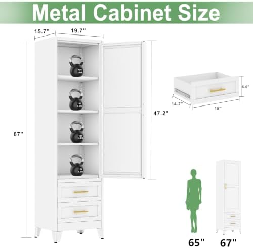 Ckzbx Tall Narrow Storage Cabinet, 66.93" H Tall Bathroom Cabinet Metal Pantry Cabinets with Drawers, 3 Adjustable Shelves, for Kitchen, Bathroom, Home Office, Living Room (White)