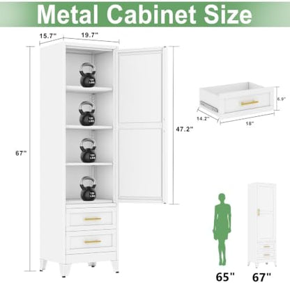 Ckzbx Tall Narrow Storage Cabinet, 66.93" H Tall Bathroom Cabinet Metal Pantry Cabinets with Drawers, 3 Adjustable Shelves, for Kitchen, Bathroom, Home Office, Living Room (White)