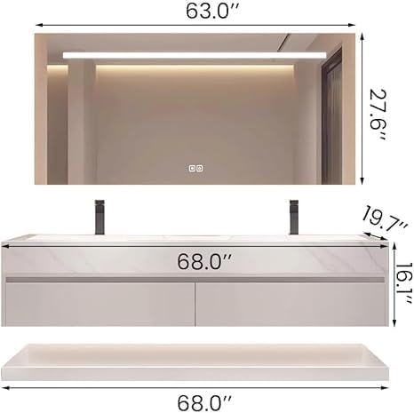 68" Bathroom Vanity with Sink, Double Sink Bathroom Vanity with Smart LED Defog Mirror, Ceramic Sink, Wall Mounted Floating, Soft Closing, Fully Pre-Assembled, Ample Storage, Mirror Set
