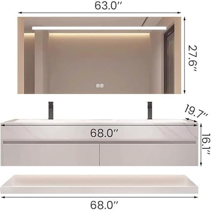 68" Bathroom Vanity with Sink, Double Sink Bathroom Vanity with Smart LED Defog Mirror, Ceramic Sink, Wall Mounted Floating, Soft Closing, Fully Pre-Assembled, Ample Storage, Mirror Set
