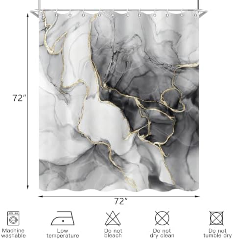 Black Marble Shower Curtain Modern Abstract Luxury Gold Ink Texture Gray Ombre Watercolor Bathroom Curtain Set with Hooks Soft and Lightweight Waterproof Fabric Machine Washable 36" Wx72 L