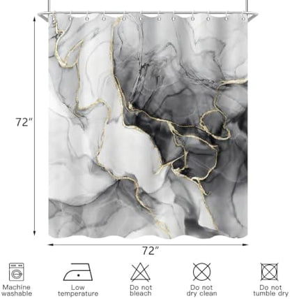 Black Marble Shower Curtain Modern Abstract Luxury Gold Ink Texture Gray Ombre Watercolor Bathroom Curtain Set with Hooks Soft and Lightweight Waterproof Fabric Machine Washable 36" Wx72 L