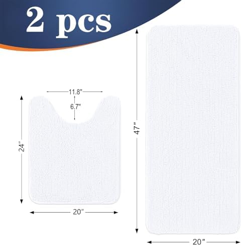 OLANLY Chenille Bathroom Rugs Mats Sets 2 Piece, 47"x20"+24"x20", White