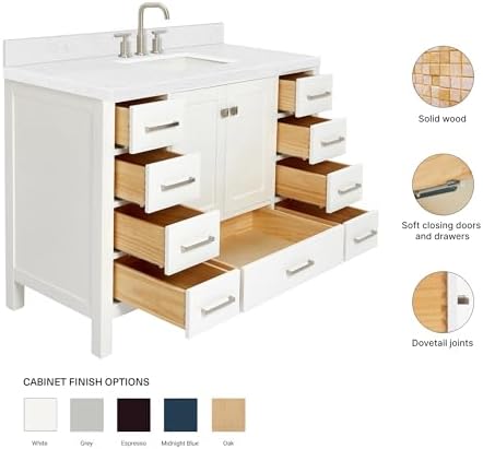 ARIEL Cambridge 48-inch Bathroom Vanity with Sink,Solid Wood, 1.5-inch Carrara White Quartz Countertop, Single Rectangular Porcelain Sink, 2 Soft Closing Doors, 9 Dovetail Drawers, White