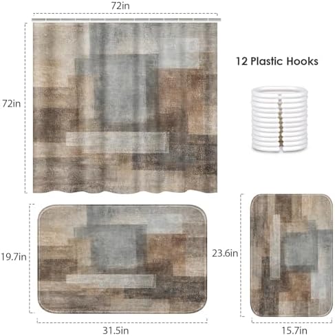 ArtSocket Bathroom Set, Shower Curtain and Bath Rugs Brown Beige Grey