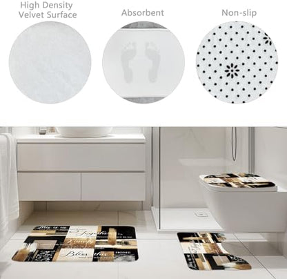 Black Gold Abstract Oil Painting 4Pcs Bathroom Shower Curtain Set with Rugs