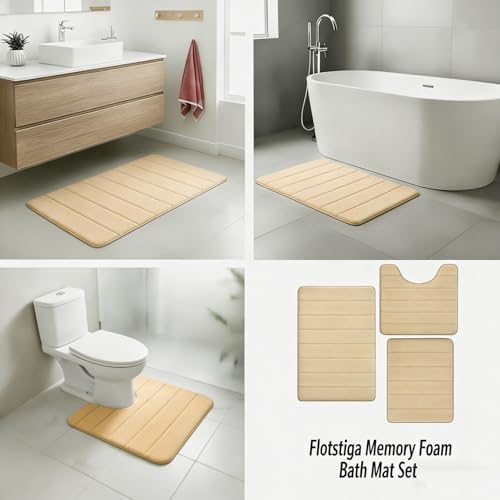Memory Foam Bath Mat Set 3 Piece，Super Soft Absorbent Bathroom Rug Non Slip, Quick Dry,Machine Wash, Perfect Plush Bathroom Rugs,Home Decor Accessories,Beige