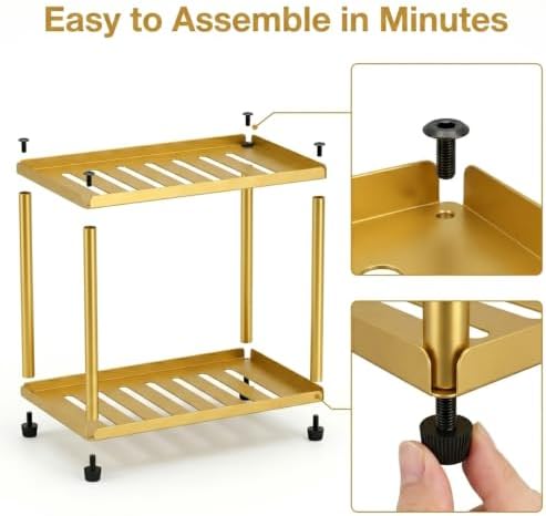 2 Tier Bathroom Counter Organizer, Rectangular Vanity Organizer Shelf, Skincare and Makeup Countertop Storage Rack for Kitchen, Bathroom, Bedroom Gold
