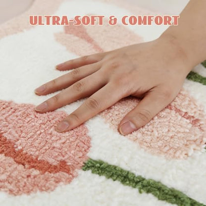 Pink Tulip Bath Mat 32x20, Soft Fluffy Fresh Flowers Bathroom Rug