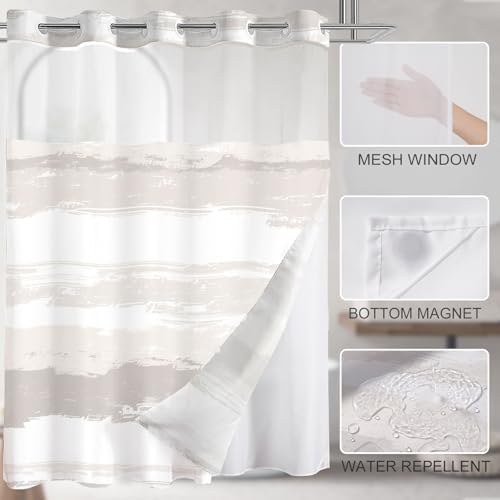 No Hook Shower Curtain with Liner, Creme Stripe, 71x74 Inch
