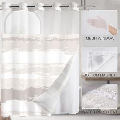 No Hook Shower Curtain with Liner, Creme Stripe, 71x74 Inch