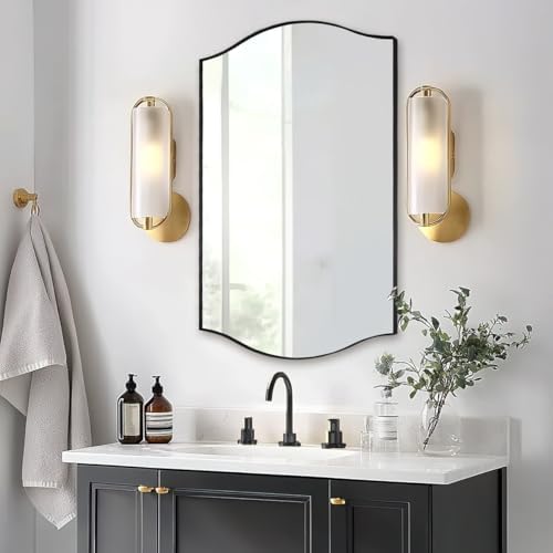 ANDY STAR 24"x36" Black Bathroom Mirror, Rectangle Scalloped Wall Mirror in Stainless Steel Metal Frame, Modern Matte Black Finish with Curved Edge Design, Wall-Mount Vertically or Horizontally