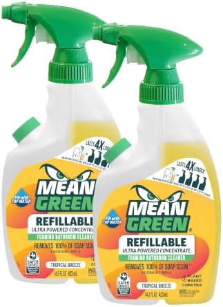 Mean Green Refillable Ultra Powered Bathroom Cleaner Concentrate, Tropical Breeze, 14.3 fl oz (2-Pack) – Plant & Mineral Based, Removes 100% of Soap Scum, Refillable Bottle Makes 4X Refills