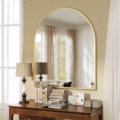 VooBang Arched Wall Mirror, 26 x 28 inch Arch Bathroom Mirror, Wall Mounted Vanity Mirror with Arch Metal Frame, Modern Bathroom Vanity Mirror for Bedroom, Living Room, Hanging or Leaning, Gold