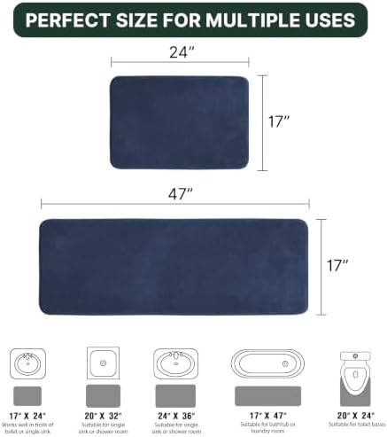 H.VERSAILTEX Kitchen Mat 2 PCS Non Slip Memory Foam Flannel Velvety Kitchen Runner Rugs Set - Water Absorbent Soft (47" x 17" + 24" x 17", Navy)