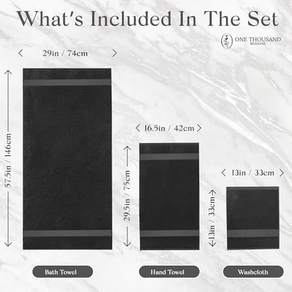 Premium Staple Cotton Bathroom Towel Set - Black 600 GSM 6-Piece Luxury Bath Towel Set 1 Stripe - 2 Bath Towels, 2 Hand Towels & 2 Washclothes Set - High Absorbent & Quick Dry for Gym, Spa, Hotel