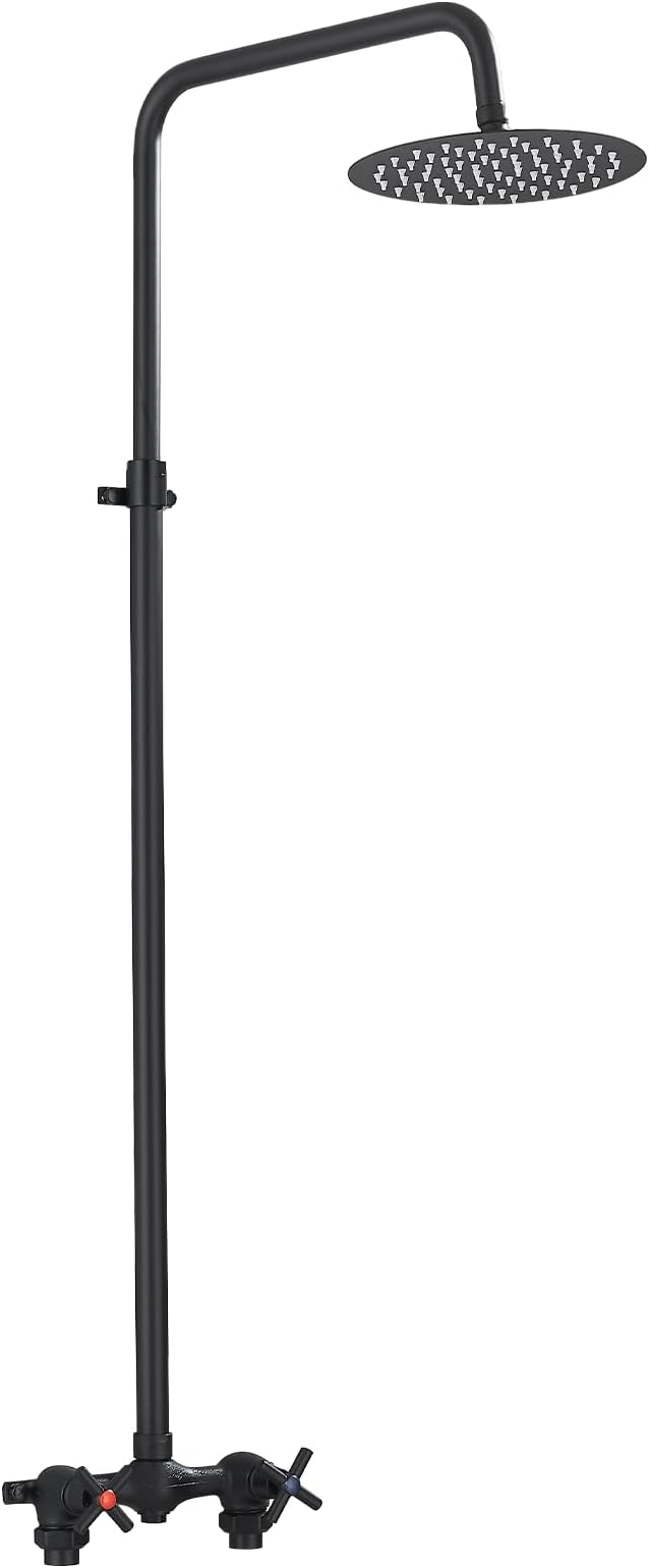 Outdoor Shower Kit with Matte Black 8 Inch Stainless Steel Rain Shower Head and Double-Handle Cross Handwheel,Adjustable Height Outdoor Shower Fixtures