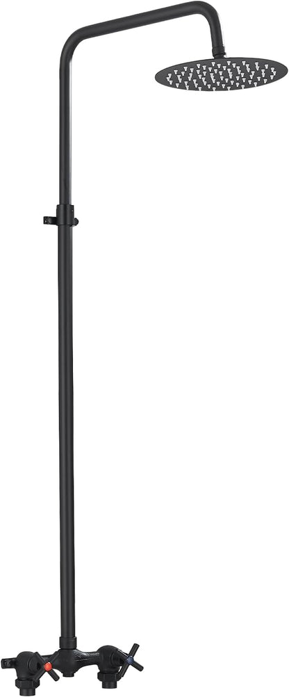 Outdoor Shower Kit with Matte Black 8 Inch Stainless Steel Rain Shower Head and Double-Handle Cross Handwheel,Adjustable Height Outdoor Shower Fixtures