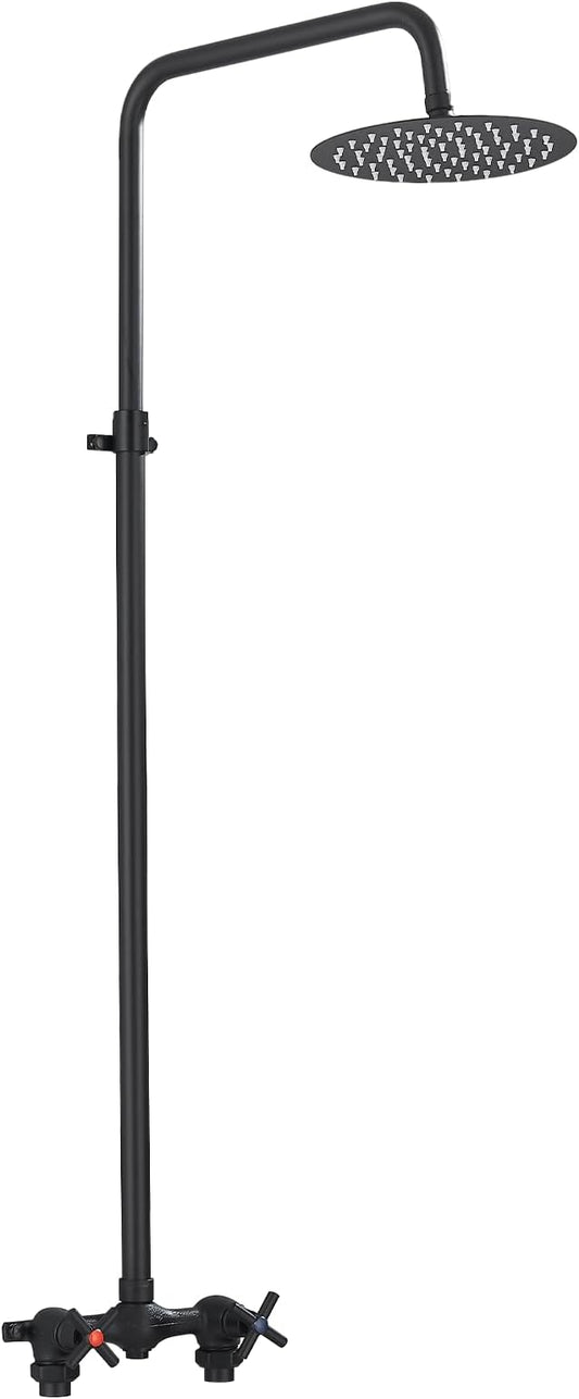 Outdoor Shower Kit with Matte Black 8 Inch Stainless Steel Rain Shower Head and Double-Handle Cross Handwheel,Adjustable Height Outdoor Shower Fixtures