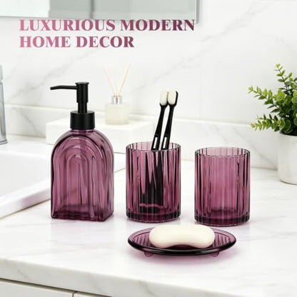 Bathroom Accessories Set, 4Pcs Glass Bathroom Accessories Set Complete, 13.5OZ Lotion Soap Dispenser, Toothbrush Holder, Mouthwash Cup, Soap Dish for Bathroom Decor, Countertop Organizer (Purple)