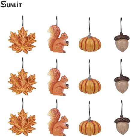 Sunlit Fall Autumn Decorative Shower Curtain Hooks, Pumpkin Maple Leaf Squirrel Acorn Shower Curtain Rings, Resin, Orange Leaves Cute Bathroom Curtain Hangers Decoration, Set of 12