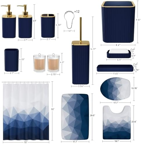 XLHOMO Bathroom Accessory Set - 26PC Bathroom Shower Curtain and Rug Set, Bathroom Accessories Set, Navy Blue Bathroom Set with Trash Can, Toilet Brush, Qtip Holder & Soap Dispenser