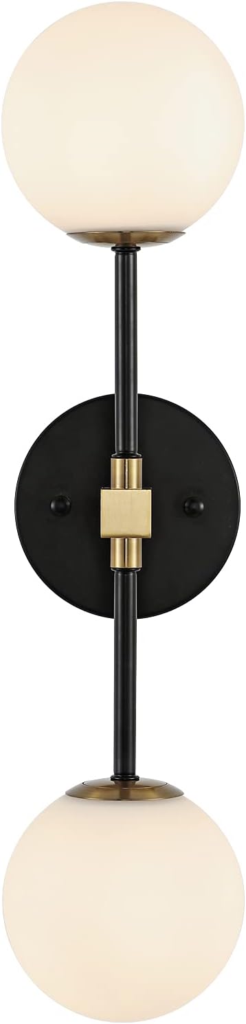 Modern Wall Sconce 2-Lights Industrial Mid Century Bathroom Vanity Wall Light with White Globe Glass Shade Gold & Black Finished Lighting Fixture