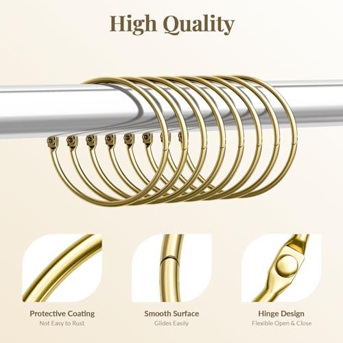Bathway Shower Curtain Rings, Shower Curtain Hooks Rust Proof Shower Rings for Curtain, Glide Smoothly Metal Gold Shower Hooks for Shower Curtain and Rod, 12 Pcs Snap Joint Shower Curtain Clips