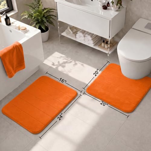 2 Piece Memory Foam Bath Mat Set, Extra Soft Absorbent Bathroom Rugs with U-Shaped Toilet Rug, Non-Slip Backing, Machine Washable, 24x16 + 20x20 U-Shaped, Orange