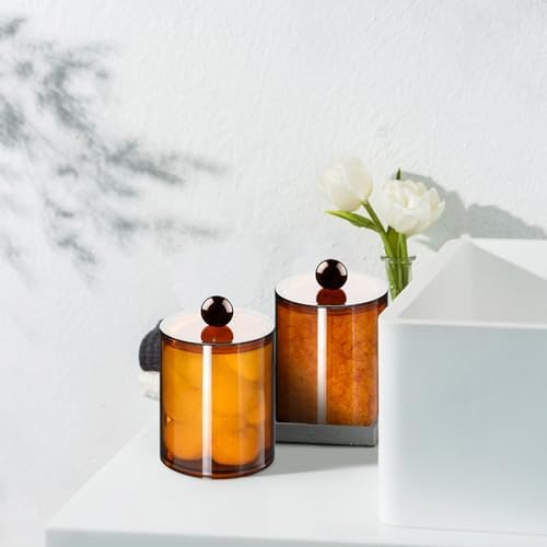 4 Pcs Acrylic Qtip Holder, Cotton Ball Holder Jars with Lids, Brown