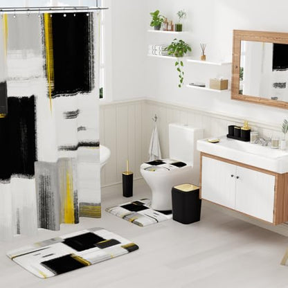 XLHOMO Bathroom Accessories Set - 25PC Bathroom Set with Shower Curtain and Rugs, Black Bathroom Set, Bathroom Accessory Set with Press-on Lid Trash Can, Soap Dispenser and Qtip Holders