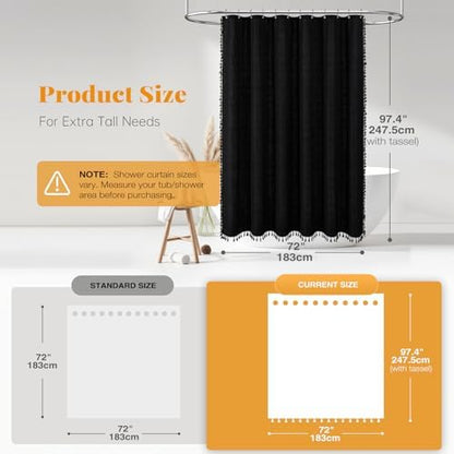 BTTN Extra Long Boho Linen Heavy Duty Fabric Shower Curtain, 72x96, Black
