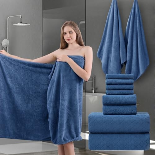 8-Piece Navy Bath Towels Set,2 Oversized Large Bath Towels Sheet,2 Hand Towels and 4 Washcloths - 600 GSM Soft Luxury Towel Set,Highly Absorbent Quick Dry Towel Collection for Bathroom,Hotel and Spa