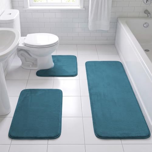 H.VERSAILTEX Bath Mat Memory Foam Set Bathroom Rug Set Flannel Velvety Extra Soft and Absorbent Non Slip Rugs for Bathroom/Bedroom Washable(47"x 17" + 17"x 24" + 20"x 24"U-Shaped, Dark Teal)