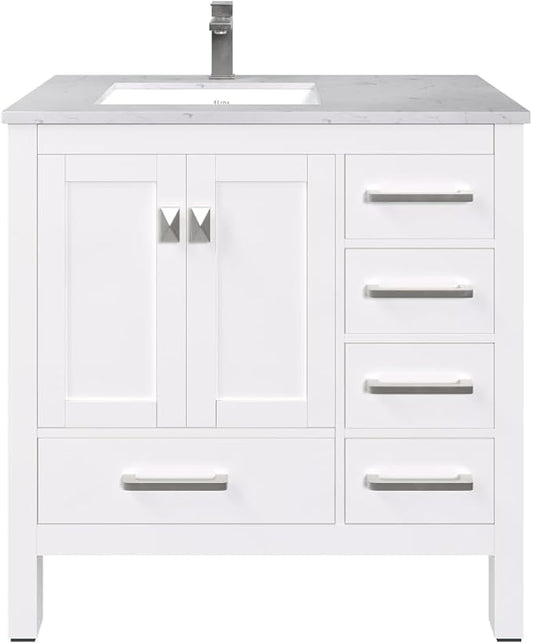 Eviva London 38 in. White Single Sink Bath Vanity with Carrara Quartz Top and Undermount Porcelain Sink