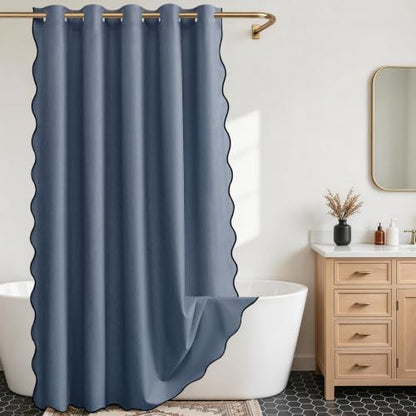 Furlinic Extra Long Scalloped Shower Curtain No Hook Fabric Navy Blue 72x96