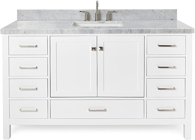 ARIEL Cambridge 60-inch Bathroom Vanity with Sink,Solid Wood, 1.5-inch Italian Carrara Marble Countertop, Single Rectangular Porcelain Sink, 2 Soft Closing Doors, 9 Dovetail Drawers, White