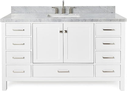 ARIEL Cambridge 60-inch Bathroom Vanity with Sink,Solid Wood, 1.5-inch Italian Carrara Marble Countertop, Single Rectangular Porcelain Sink, 2 Soft Closing Doors, 9 Dovetail Drawers, White