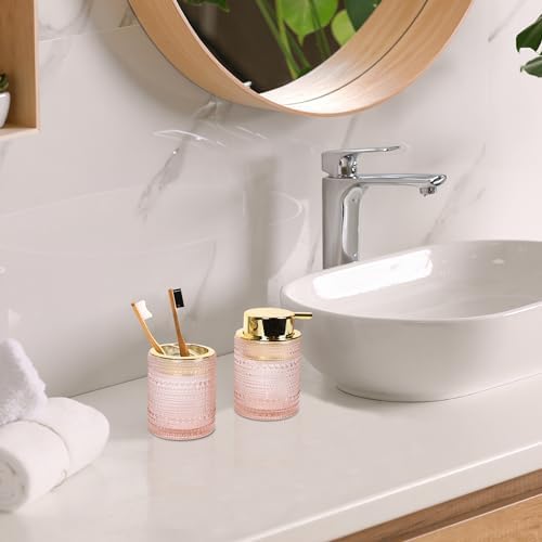 FEILANDUO Bathroom Accessories Set,4Pcs Glass Bathroom Accessories,Vanity Bathroom Decor, Soap Dispenser, Toothbrush Holder Set, Apothecary Jar, Gift for Home Apartment (Pink)